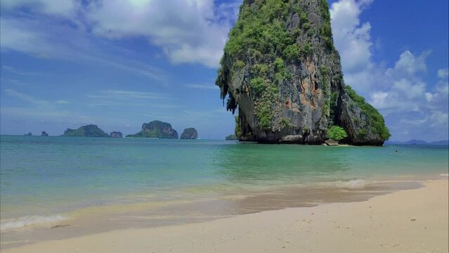 Beautiful view of Thai beach. View of Ao Nang beach in Thailand. Crystal clear water and calm sea on paradisiacal beaches of Thailand