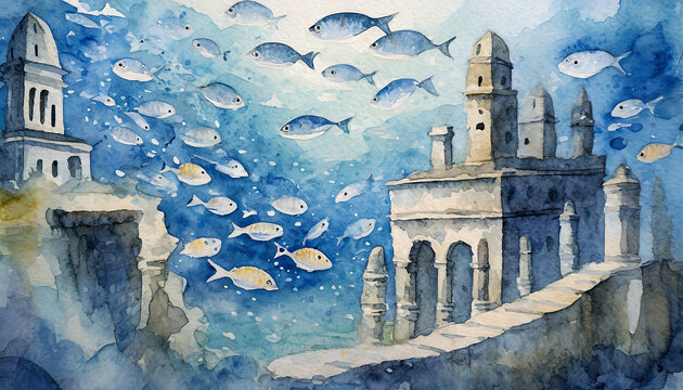 심해에 있는 고대 도시에 작은 물고기들이 헤엄치고 있는 그림