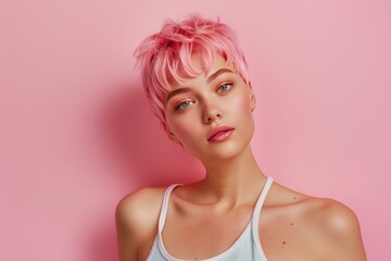 Naklejka premium young woman with beautiful pink short hair on pastel pink background, hair salon ad