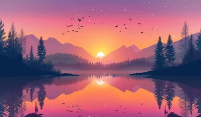 Tranquil Dusk: Serene Lake and Mountains in Sunset Splendor - Generative AI