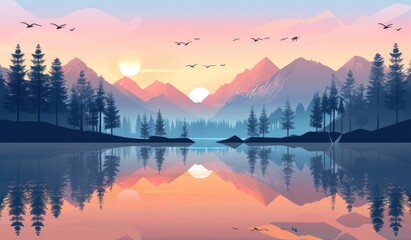 Fototapeta premium Tranquil Dusk: Serene Lake and Mountains in Sunset Splendor - Generative AI