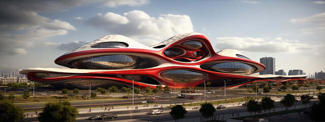 Futuristic architecture with red and white color scheme depicting a large museum with many reflective glass windows.
