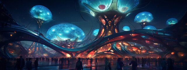 Surreal digital painting of an alien city with giant bioluminescent mushrooms and people walking around.
