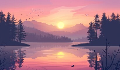 Fototapeta premium Tranquil Dusk: Serene Lake and Mountains in Sunset Splendor - Generative AI