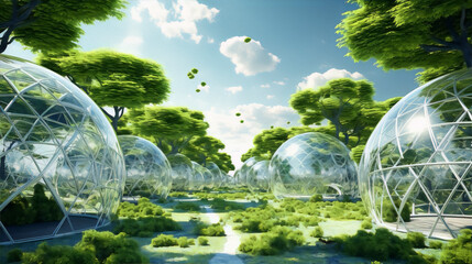 Futuristic glass domes in a lush green forest with a blue sky and white clouds.
