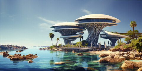Futuristic luxury hotel buildings with beach and ocean views in surreal landscape