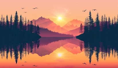 Tranquil Dusk: Serene Lake and Mountains in Sunset Splendor - Generative AI