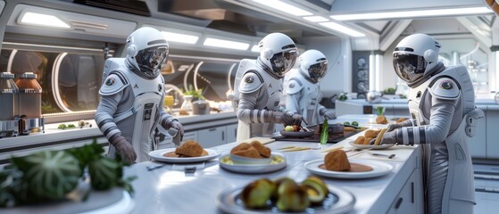 An immersive 3D depiction of a spaceship kitchen, with astronauts preparing meals using advanced food technology