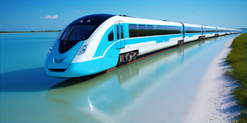 The image is a digital painting of a high-speed train moving through a flooded landscape. The train is blue and white, and the water is a light blue. The sky is blue with a few white clouds, and the 