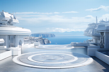 Futuristic cityscape with white buildings and a helipad on the roof against the backdrop of the sea and mountains.