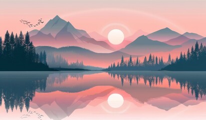 Fototapeta na wymiar Tranquil Dusk: Serene Lake and Mountains in Sunset Splendor - Generative AI