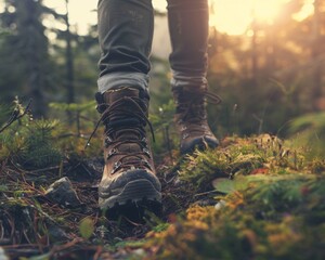 Dawn breaks as hikers' boots hit the trail, a journey through the awakening forest - obrazy, fototapety, plakaty