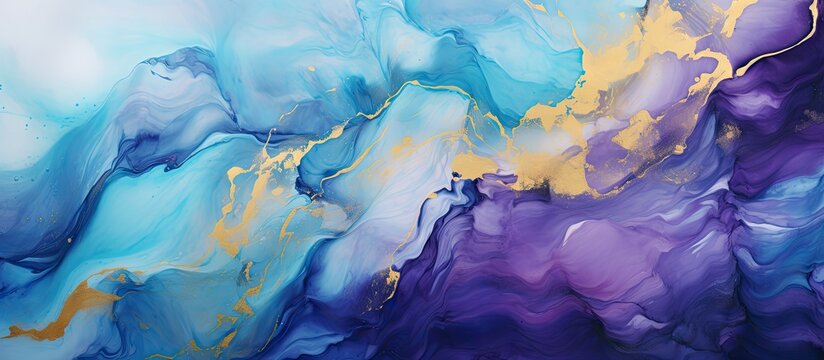 A detailed closeup of a painting featuring blue and purple marbles with gold accents, resembling a cloudy sky or landscape art piece