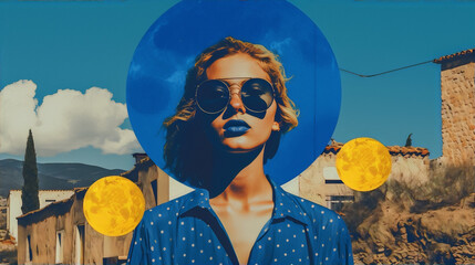 Blue and yellow colors, surrealism, photo manipulation, portrait of a blonde woman wearing sunglasses with blue circle and yellow shapes on a photo of a village