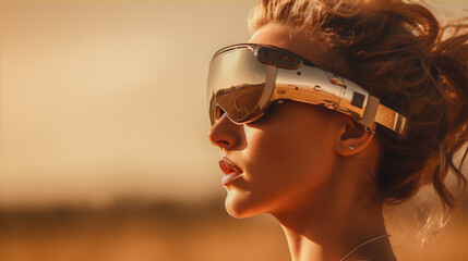 Futuristic portrait of a blonde woman wearing silver goggles against a sepia background. - obrazy, fototapety, plakaty