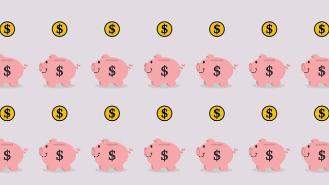 Piggy bank with a lot of money with color and green background - animation