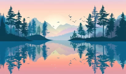 Papier Peint photo Lavable Forêt dans le brouillard Tranquil Dusk: Serene Lake and Mountains in Sunset Splendor - Generative AI