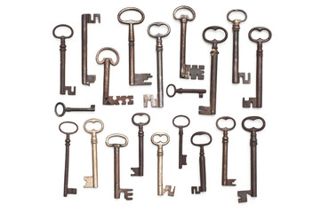 Vintage Keys Collection. Aged Metalwork on White Background