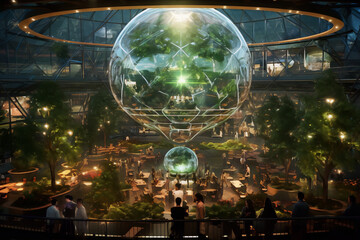 Futuristic city interior with a giant sphere in the atrium, concept art