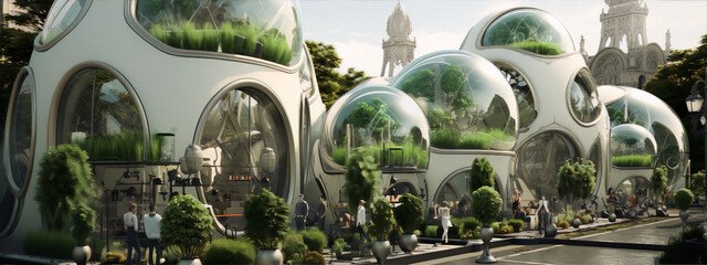 Futuristic city with glass domes in a surreal environment concept art