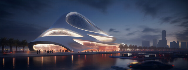 Futuristic architectural concept with an opera house and a city in the background
