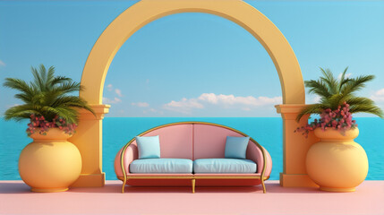 3D rendering of a pink sofa in a yellow archway with palm trees and pink flowers against a blue ocean backdrop.