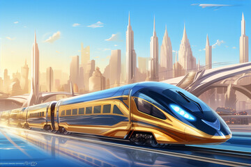 Futuristic cityscape with a high-speed train in the foreground painted in blue and gold colors with a hint of retro futurism. - obrazy, fototapety, plakaty