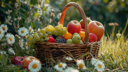 Fruit basket at a picnic in the meadow
