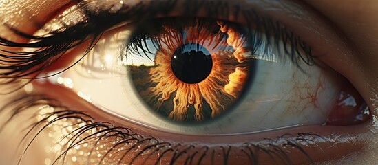 A closeup of a browneyed woman with an electric blue sunflower reflected in her eye. The symmetry...