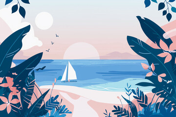 Fototapeta na wymiar Tropical Seaside Landscape Illustration at Sunset