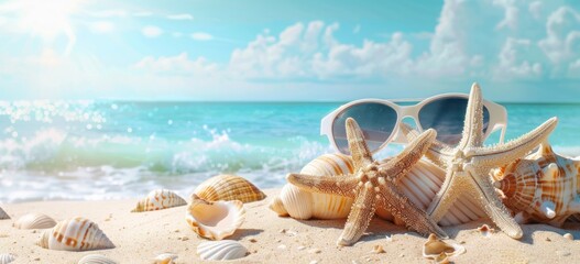 Fototapeta na wymiar Summer Escapade: Starfish and Seashells Adorning Sunny Beach - Generative AI
