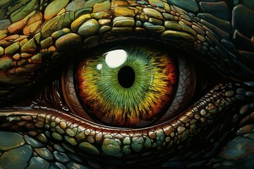 Captivating Reptilian eye closeup colorful. Dinosaur forest. Generate Ai