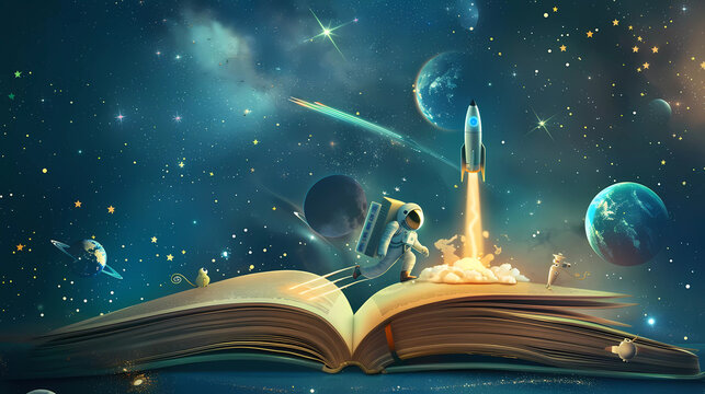 Open book with astronaut,rocket and space background ,world book day.vector illustration 