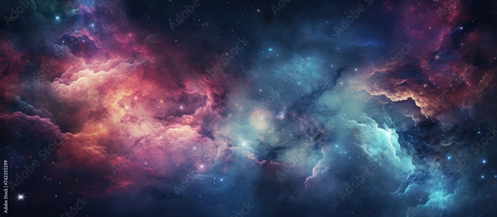 Poster an artistic representation of a vibrant galaxy in space, with gas clouds creating electric blue hues