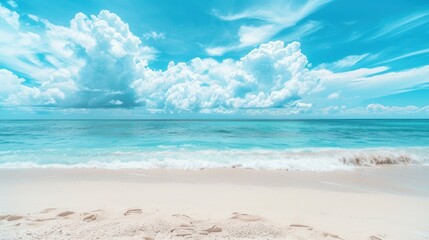Fototapeta na wymiar Pristine Paradise: White Sand Beach Meets Serene Blue Skies - Generative AI