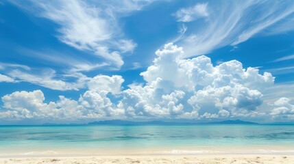 Fototapeta premium Pristine Paradise: White Sand Beach Meets Serene Blue Skies - Generative AI