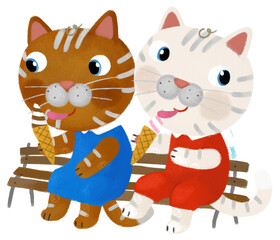 cartoon scene with cat friends spending time together having fun sitting on bench eating ice cream and talking illustration for children
