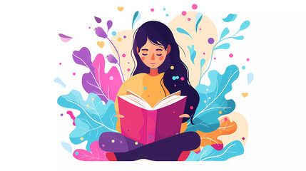 Girl happily reading book with flowers on white background.World book day.