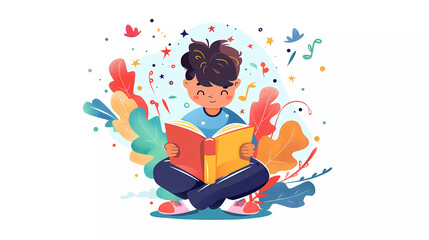 Boy reading the book ,world book day concept.flat vector illustration.