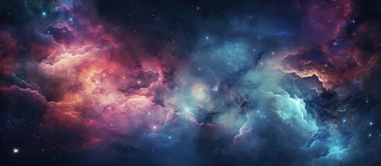 An artistic representation of a vibrant galaxy in space, with gas clouds creating electric blue hues. Combining elements of art and science in a cosmic font - obrazy, fototapety, plakaty
