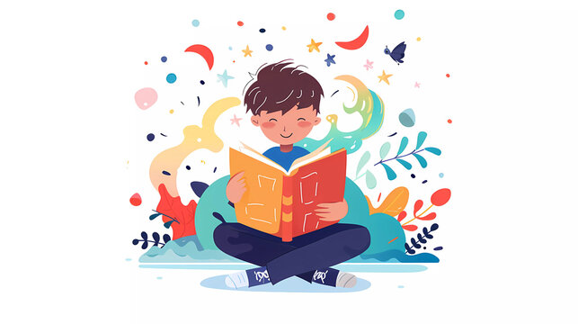 Boy reading the book ,world book day concept.flat vector illustration.
