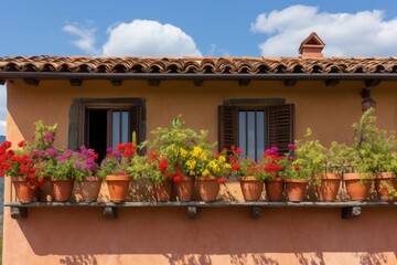 Fototapeta na wymiar Balcony beautified with vibrant flowers in pots, boasting stunning and warm hues