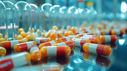 Vibrant Array of Multicolored Pharmaceutical Capsules Displayed in a Clinical and Scientific Setting