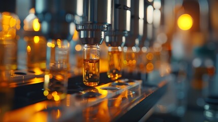 Precision Glassware Apparatus in Amber-Hued Distillation Process for Industrial Chemical Research and Development - obrazy, fototapety, plakaty