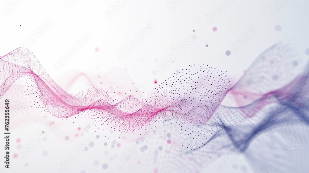 Poster sound waves of bright particles and music motion visuals, abstract waves of glowing particles.white 