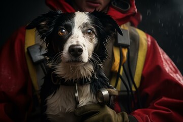 Trained Rescue dog. Ruin city street. Generate Ai