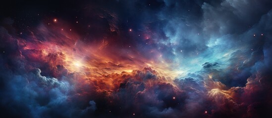 An electric blue painting of a colorful galaxy in space with fluffy cumulus clouds and a waterlike landscape in the horizon, creating a mesmerizing art piece