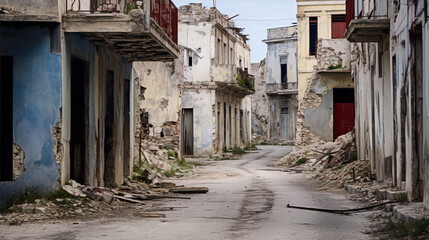 Dilapidated buildings of a forgotten city street in disrepair with a blue sky