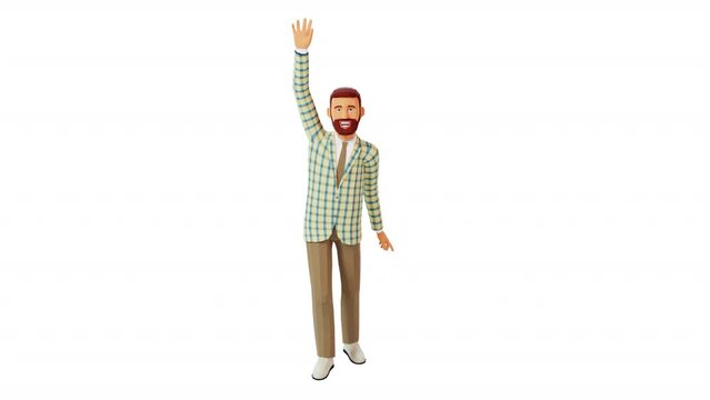 A Bearded man in checkered blazer raises his hand high, offering a friendly greeting. 3D animation with alpha channel