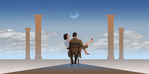 Couple, man and woman sitting on chair surrounded by classical columns under clear sky....